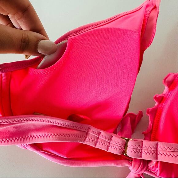 VS VICTORIAS SECRET Pink Ruffle Halter Tie Underwire Plunge Bikini Swim Top 36B - Picture 7 of 11